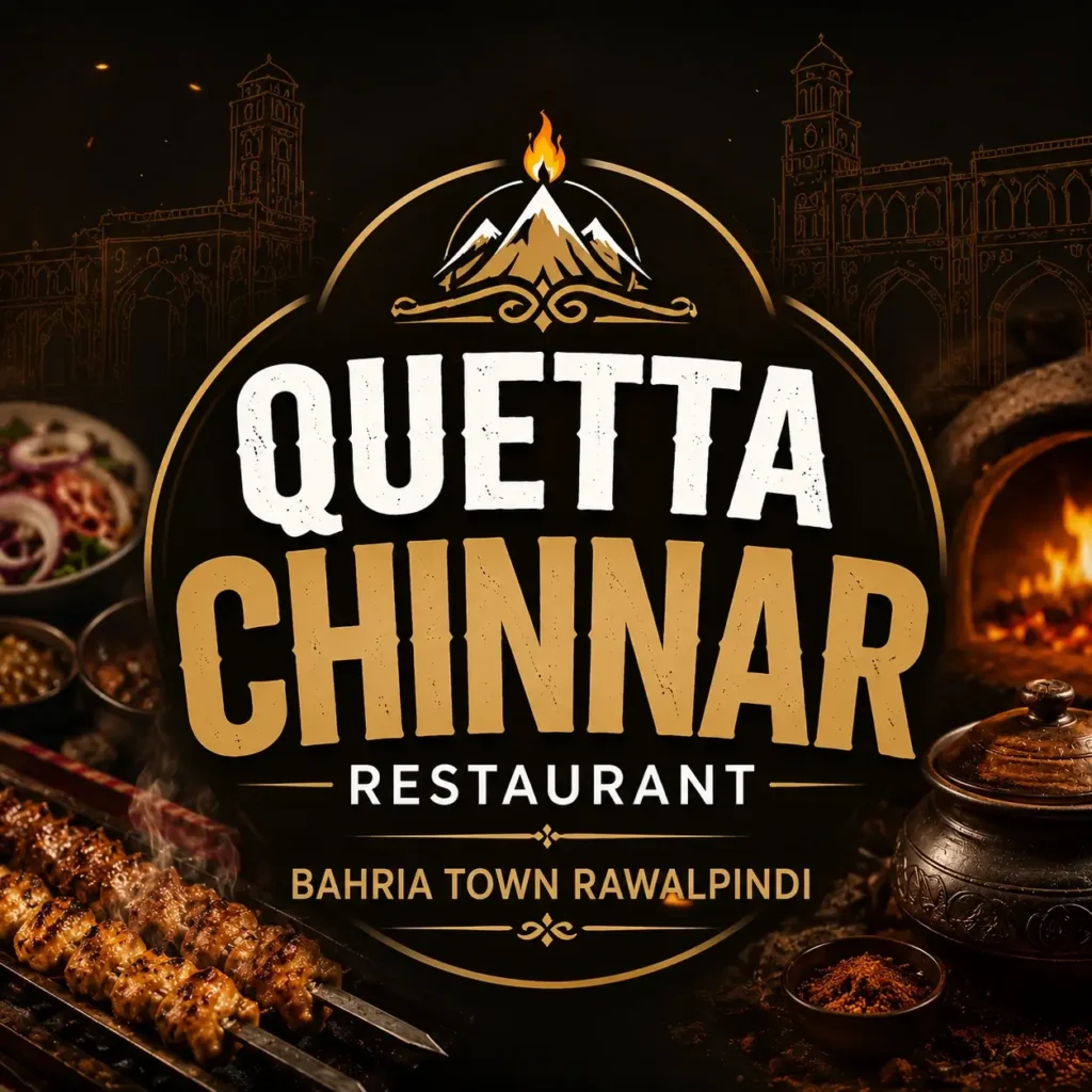 Square thumbnail for Quetta Chinnar Restaurant Bahria Town Rawalpindi featuring grilled kebabs, traditional cookware, tandoor flames and bold centered restaurant branding.