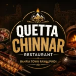 Square thumbnail for Quetta Chinnar Restaurant Bahria Town Rawalpindi featuring grilled kebabs, traditional cookware, tandoor flames and bold centered restaurant branding.
