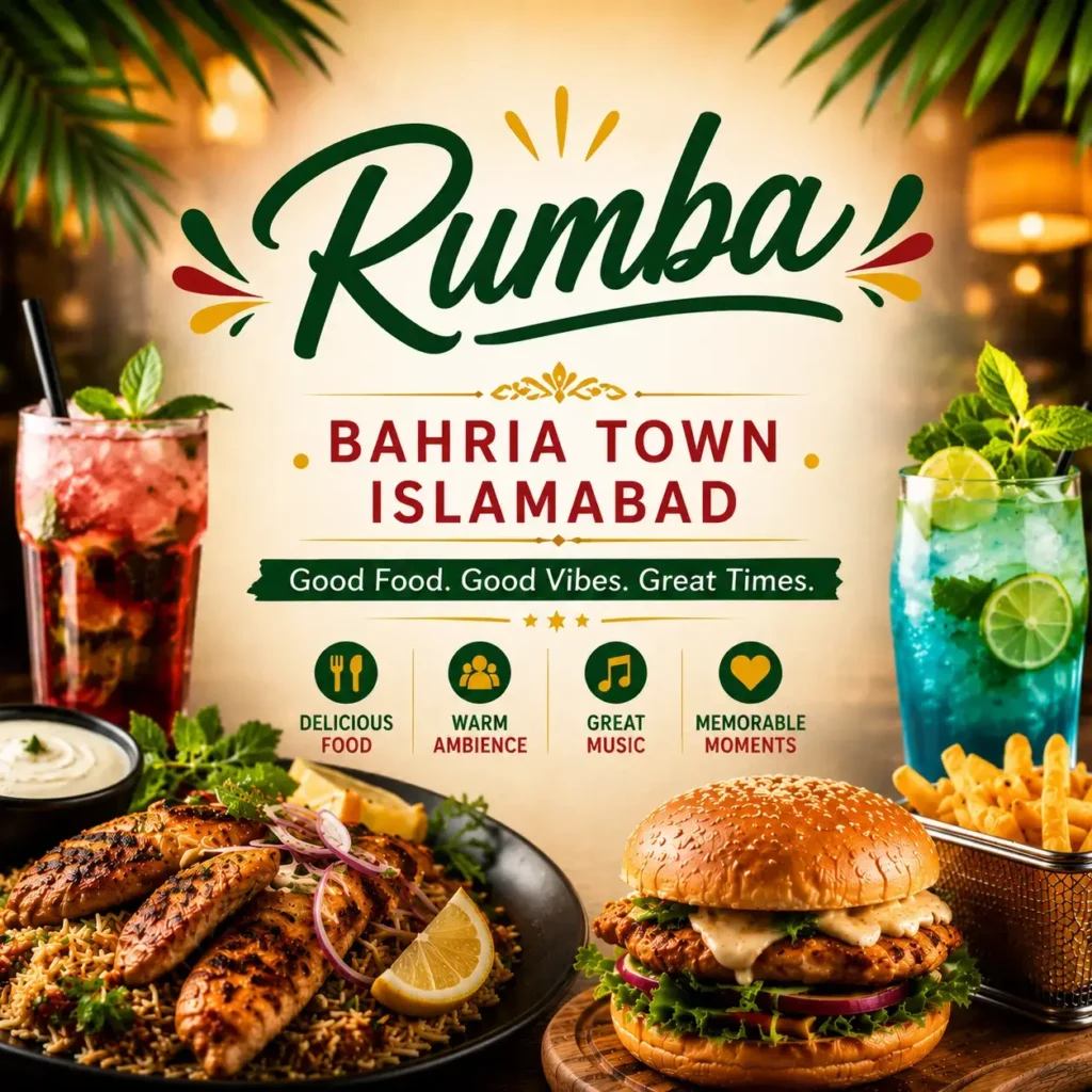 Mobile-optimized thumbnail of Rumba Bahria Town Islamabad, highlighting a burger, grilled chicken, fries, drinks, and café ambiance with centered text, promoted by South Islamabad Eats.