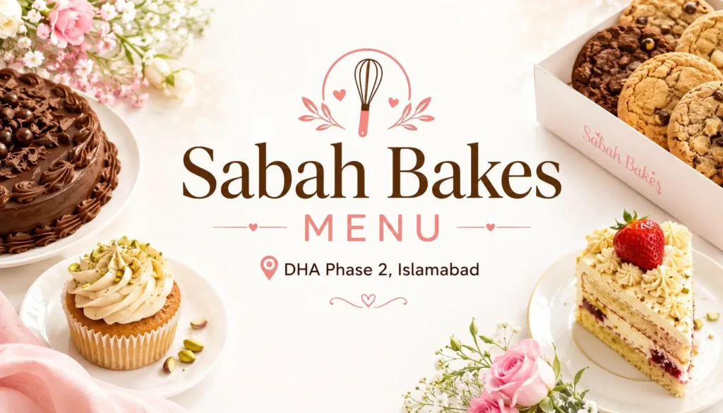 Bright hero banner featuring cakes, cupcakes, cookies and the Sabah Bakes Menu DHA Phase 2 Islamabad title for South Islamabad Eats.