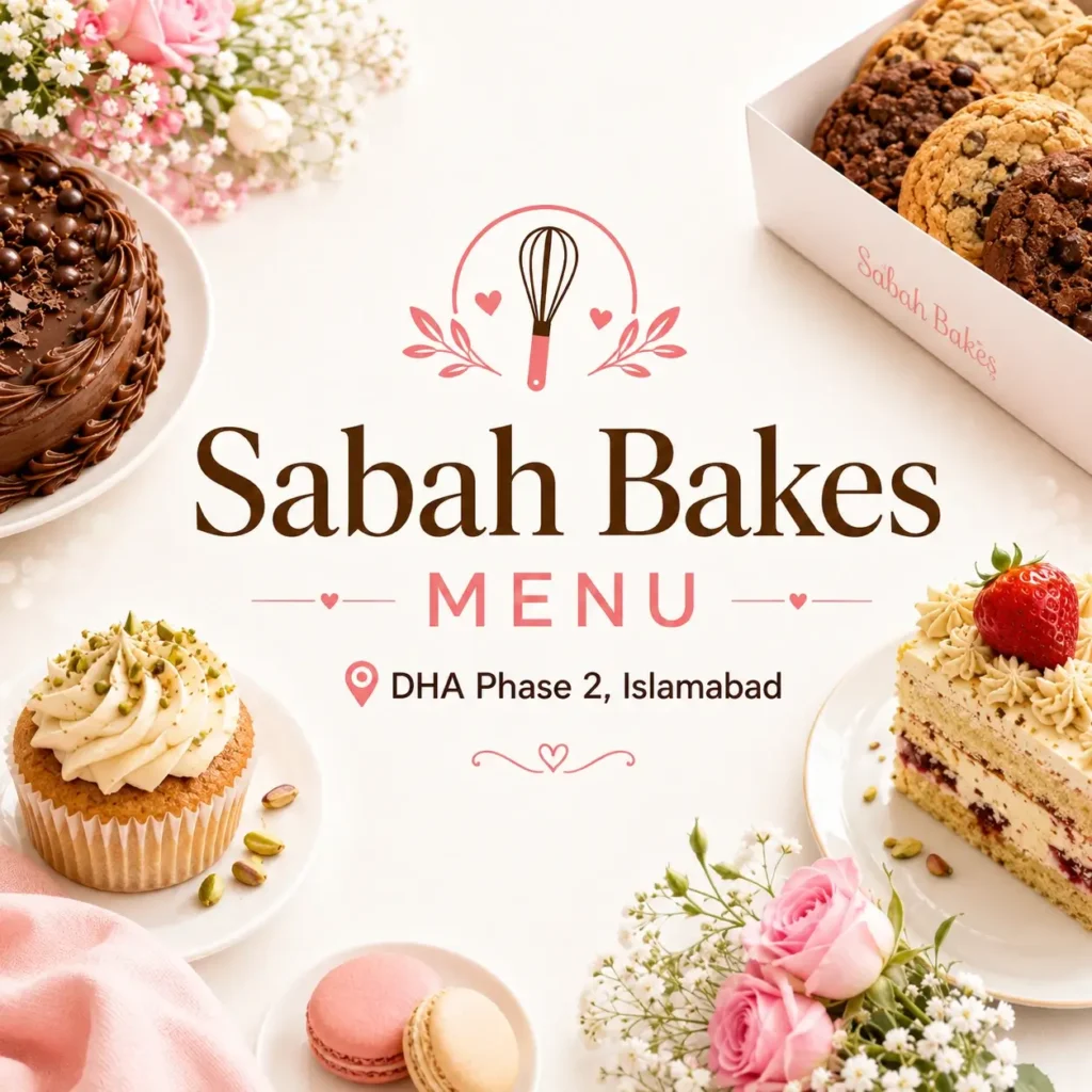 Mobile-optimized thumbnail showing cakes, cookies and desserts with centered Sabah Bakes Menu DHA Phase 2 Islamabad text for South Islamabad Eats.