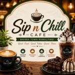 Mobile-optimized thumbnail of Sip n Chill Cafe Bahria Town Rawalpindi, featuring a coffee cup, iced chocolate, dessert, and cozy café setting with centered text, promoted by South Islamabad Eats.