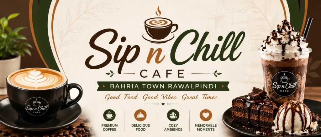 Sip n Chill Cafe Bahria Town Rawalpindi showcasing coffee, desserts, and beverages in a warm, inviting café ambiance, highlighted on South Islamabad Eats.