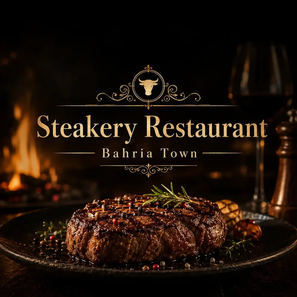 Luxury steak platter at Steakery Restaurant Bahria Town with a fine dining atmosphere, highlighted by South Islamabad Eats restaurant guide.