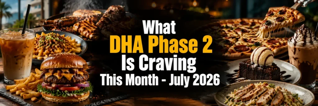 What DHA Phase 2 Is Craving This Month July 2026 featuring burgers, pizza, grilled food, pasta, desserts, and cold drinks.