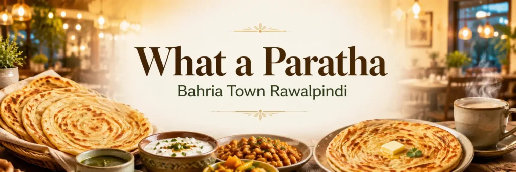 Bright hero image of What a Paratha Bahria Town Rawalpindi featuring freshly cooked parathas, chana, yogurt, chutney and hot tea.