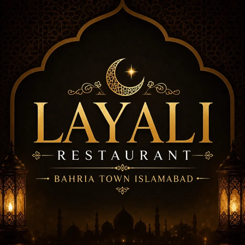 Layali Restaurant Bahria Town Islamabad thumbnail with premium Arabic-inspired branding, gold typography, Islamic patterns, and elegant Middle Eastern restaurant design.