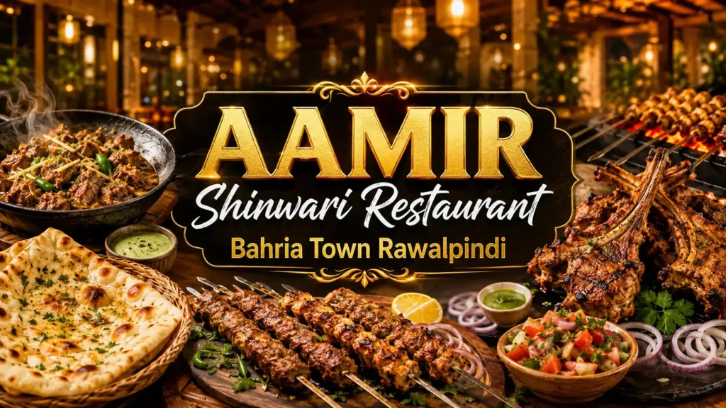 Aamir Shinwari Restaurant Bahria Town Rawalpindi thumbnail showing grilled meat, kebabs, karahi, naan, salad and green chutney.
