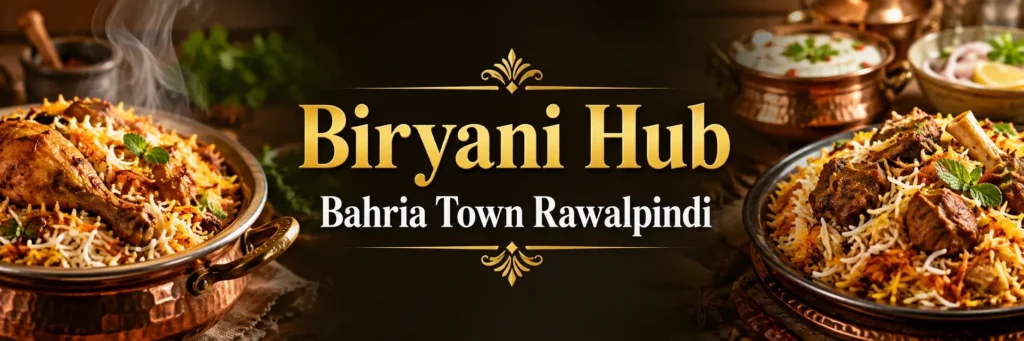 Biryani Hub Bahria Town Rawalpindi featuring flavorful chicken and mutton biryani served in traditional dishes