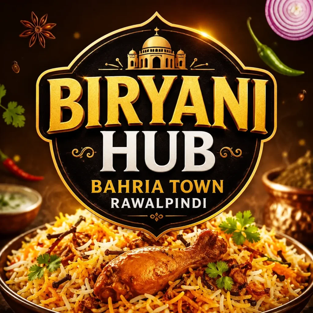 Biryani Hub Bahria Town Rawalpindi thumbnail with a steaming plate of chicken biryani and centered restaurant name