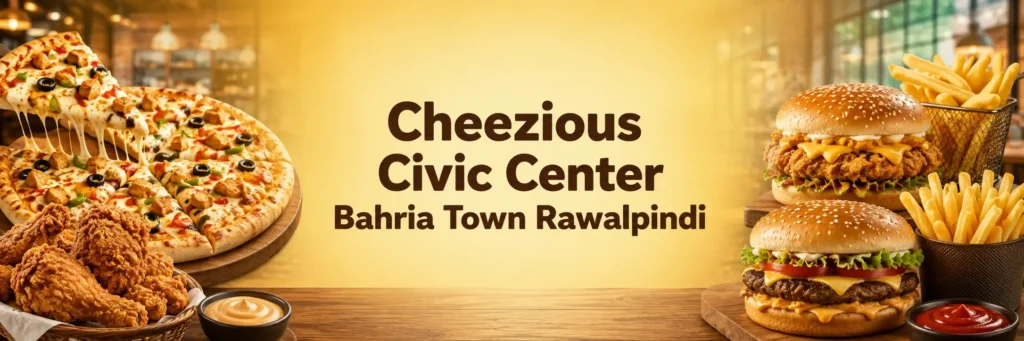 Cheezious Civic Center Bahria Town Rawalpindi featuring pizza burgers fried chicken and fries