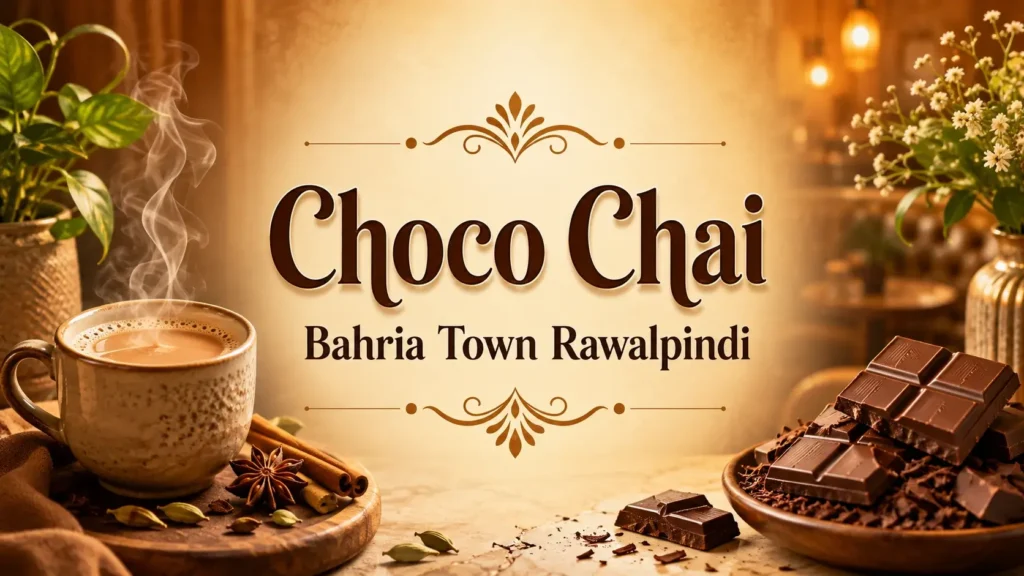 Choco Chai Bahria Town Rawalpindi café thumbnail with hot chai, chocolate, cinnamon, cardamom, and cozy golden décor.
