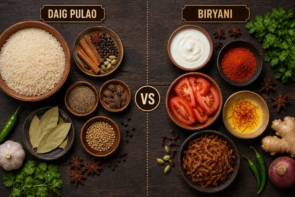 Daig pulao and biryani ingredients side by side comparison