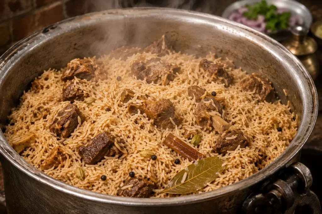 Daig pulao cooking in a traditional large pot