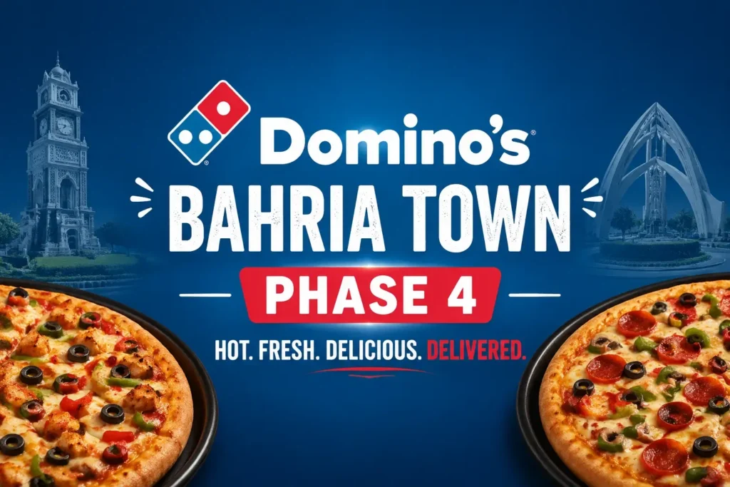 Domino’s Bahria Town Phase 4 pizza thumbnail showing fresh pizzas, bold branding, and promotional text highlighting local pizza delivery service.