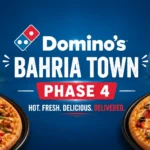 Domino’s Bahria Town Phase 4 pizza thumbnail showing fresh pizzas, bold branding, and promotional text highlighting local pizza delivery service.