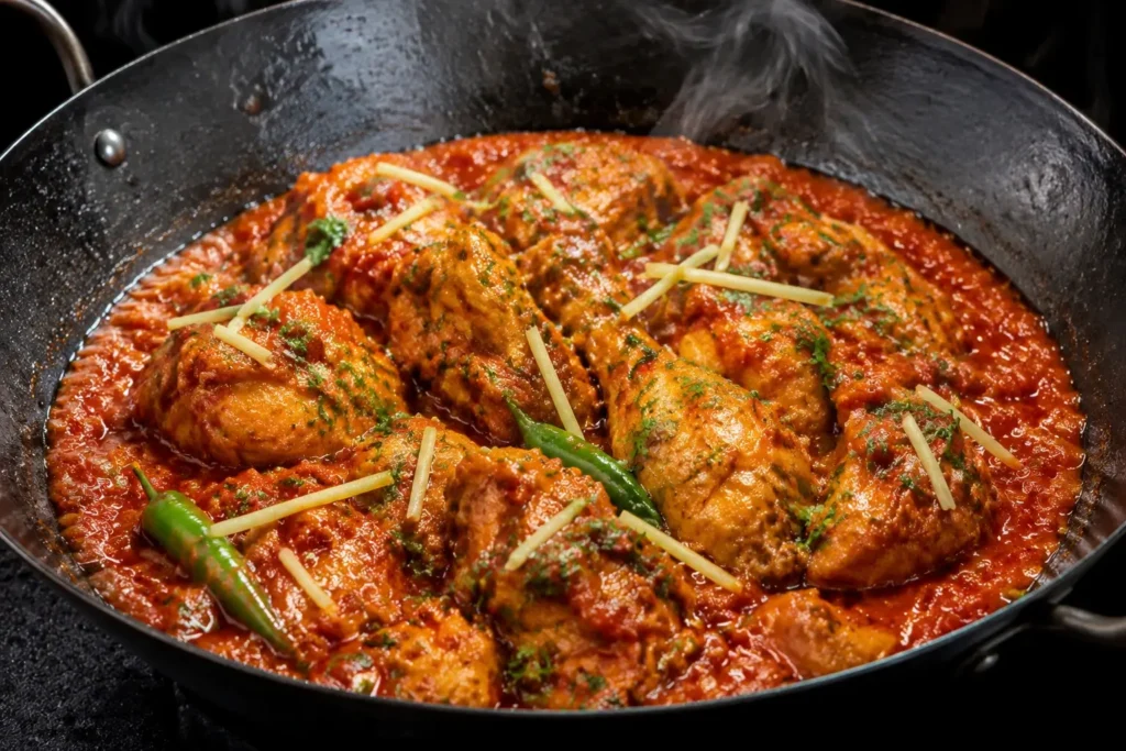 Chicken tomato karahi in a traditional black karahi pan