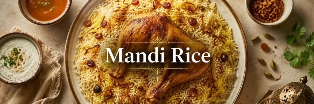 Overhead view of mandi rice with roasted chicken, golden basmati rice, fried onions and raisins featured on South Islamabad Eats.