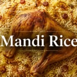 Overhead view of mandi rice with roasted chicken, golden basmati rice, fried onions and raisins featured on South Islamabad Eats.