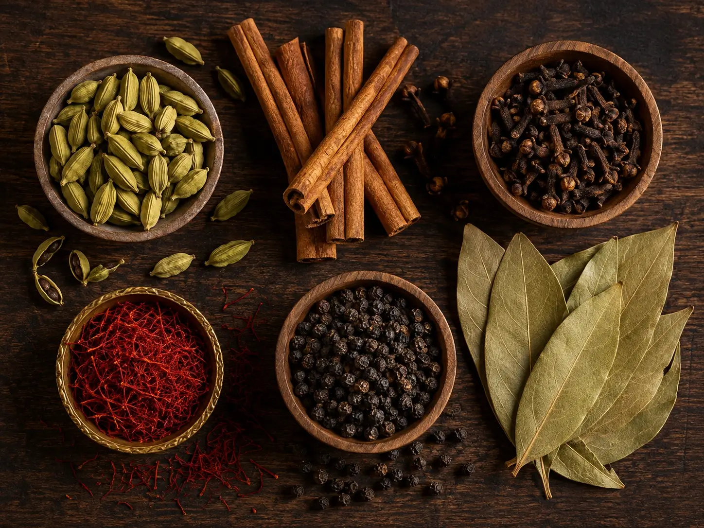 Whole spices used in mandi rice including cardamom cinnamon and cloves