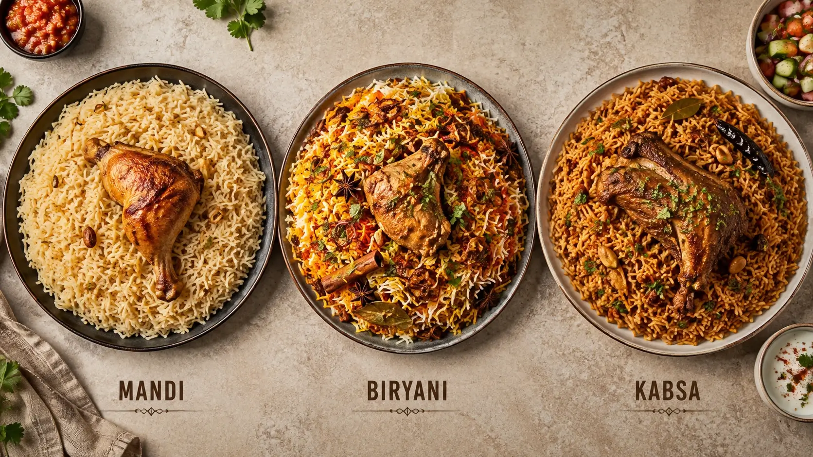 Mandi vs biryani vs kabsa comparison plates
