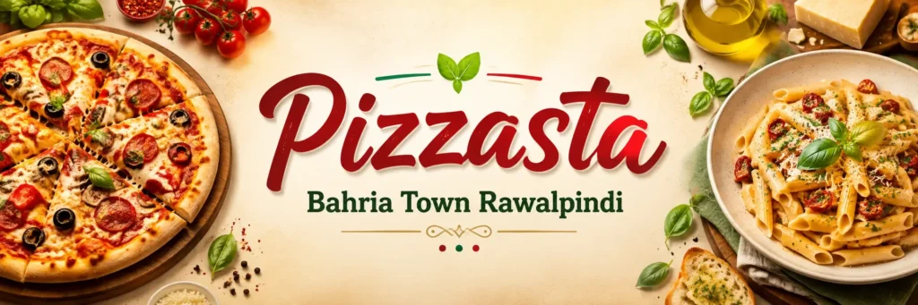 Pizzasta Bahria Town Rawalpindi featuring fresh pizza and pasta dishes in a bright restaurant banner