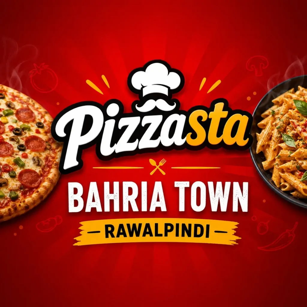 Pizzasta Bahria Town Rawalpindi thumbnail with pizza, pasta and centered restaurant name