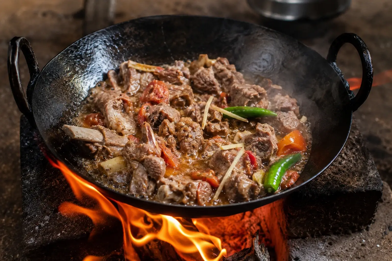 Shinwari mutton karahi cooking over open flame