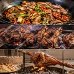 Whole leg of lamb sajji roasting on a skewer
