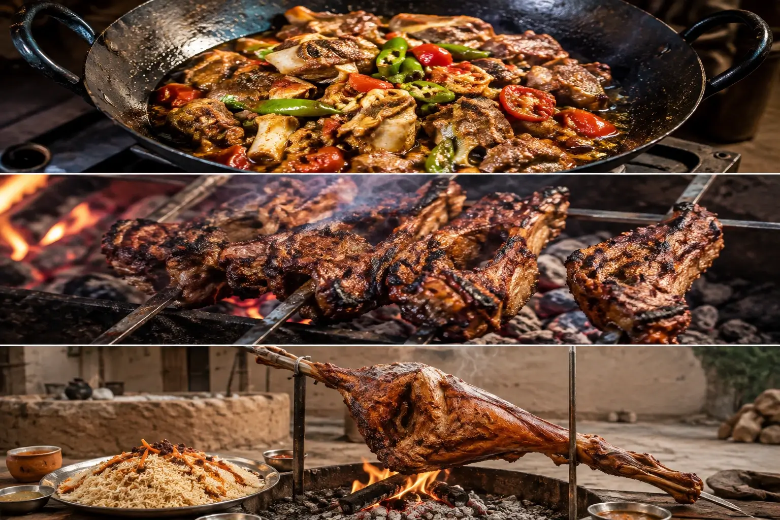 Whole leg of lamb sajji roasting on a skewer