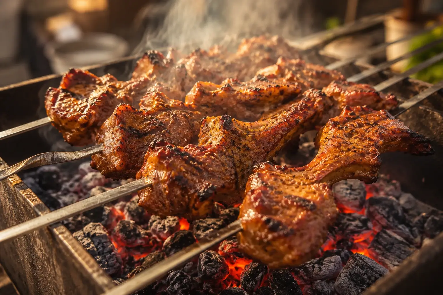 Shinwari tikka chops grilling over charcoal