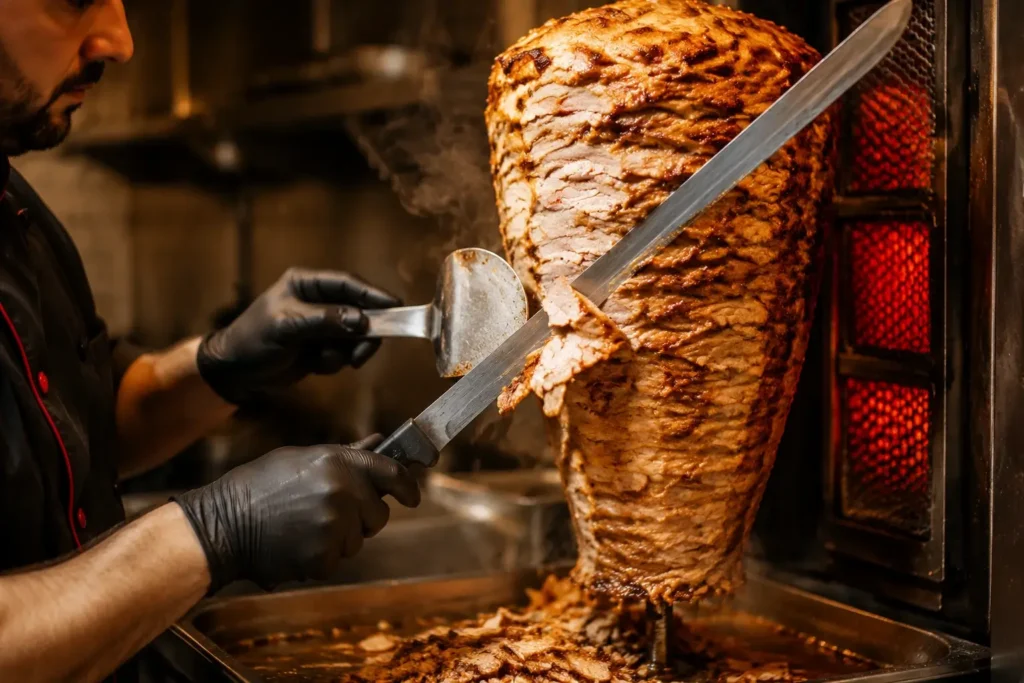 Chef shaving doner meat from a traditional vertical rotisserie