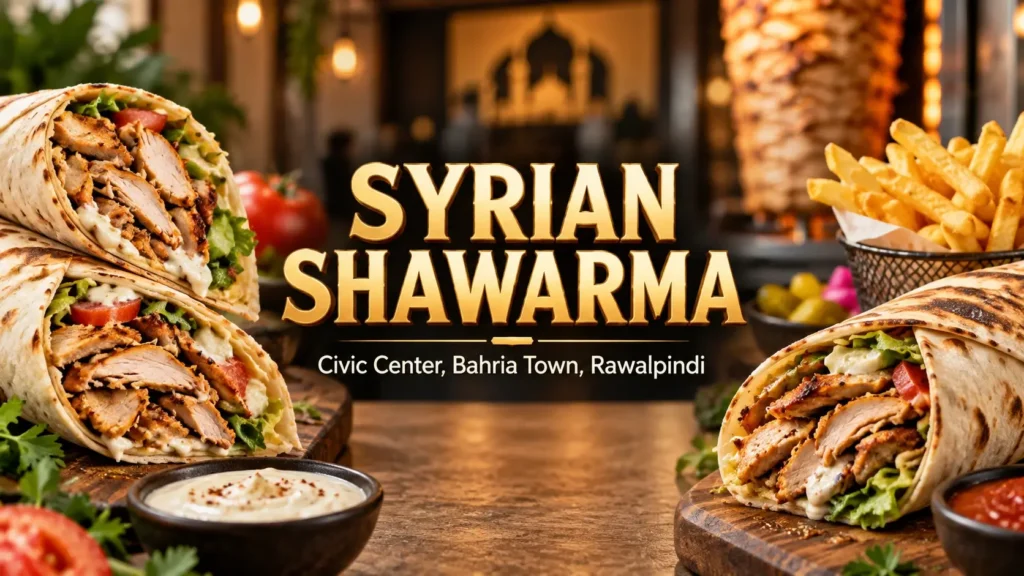 Syrian Shawarma Civic Center Bahria Town Rawalpindi restaurant style thumbnail showing juicy chicken shawarma wraps and fries by South Islamabad Eats